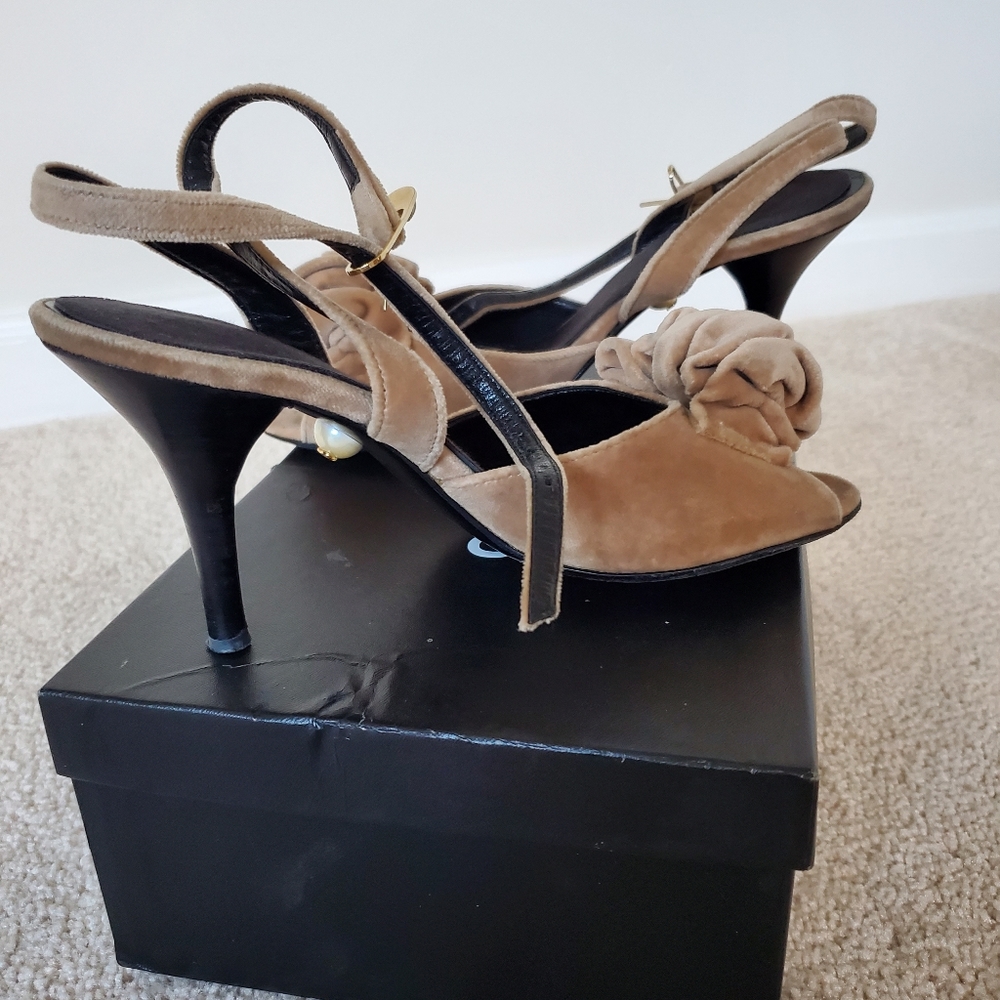 Chanel Velvet Tan Ankle Strap Sandal ( Size 8.5)